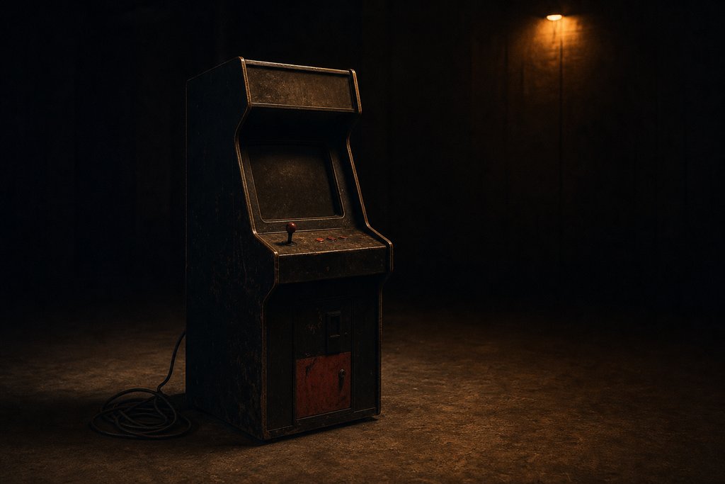 Ein abgeschalteter Spielautomat in einem leeren Raum, das Kabel aufgerollt daneben