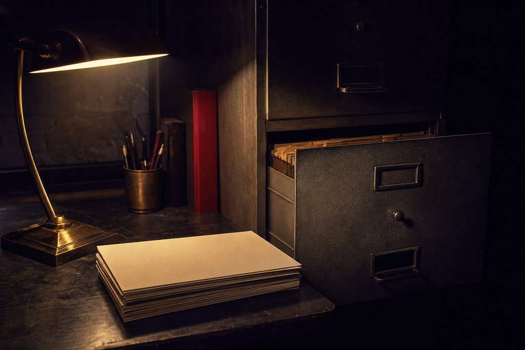 Ein Stapel unbeschriebener Blätter und eine halb geöffnete Aktenschublade im Licht einer Schreibtischlampe