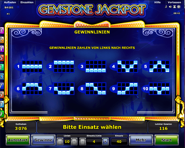 Gemstone Jackpot Gewinnlinien