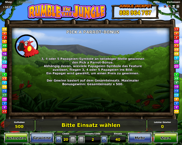 Rumble in the Jungle Pick a Parrot Bonus Regeln